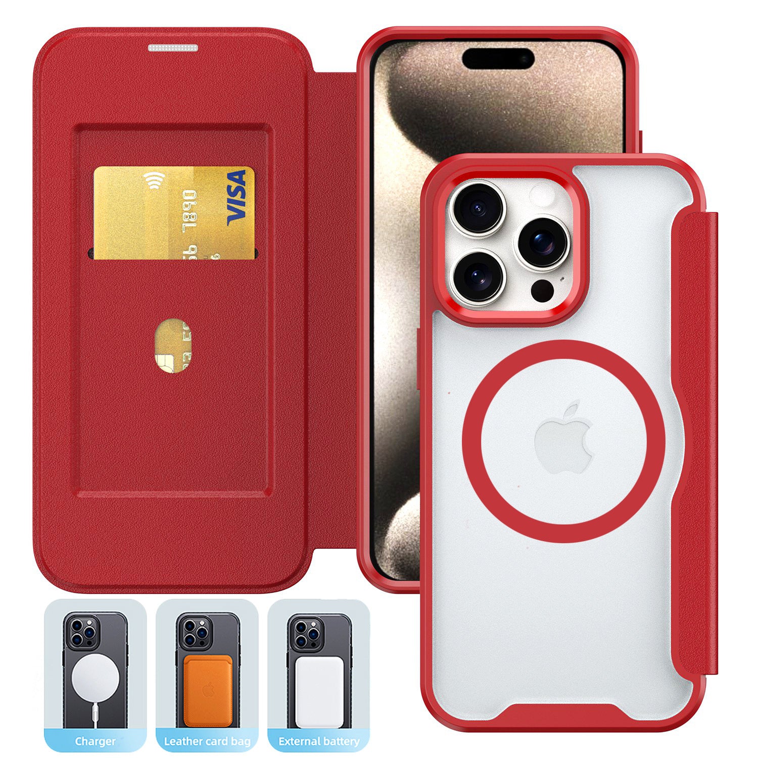 PU Leather Magnetic Flap Phone Case with Magsafe In Red For iPhone 16 Pro (FC37-IPH16PRORD)