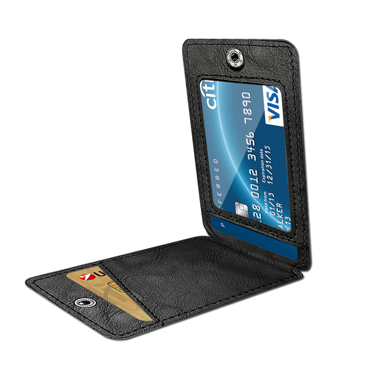 Leather Adhesive Foldable Pocket Card Holder with Two Slots In Black | SKU: HLD18-UNI01BK - Image 3