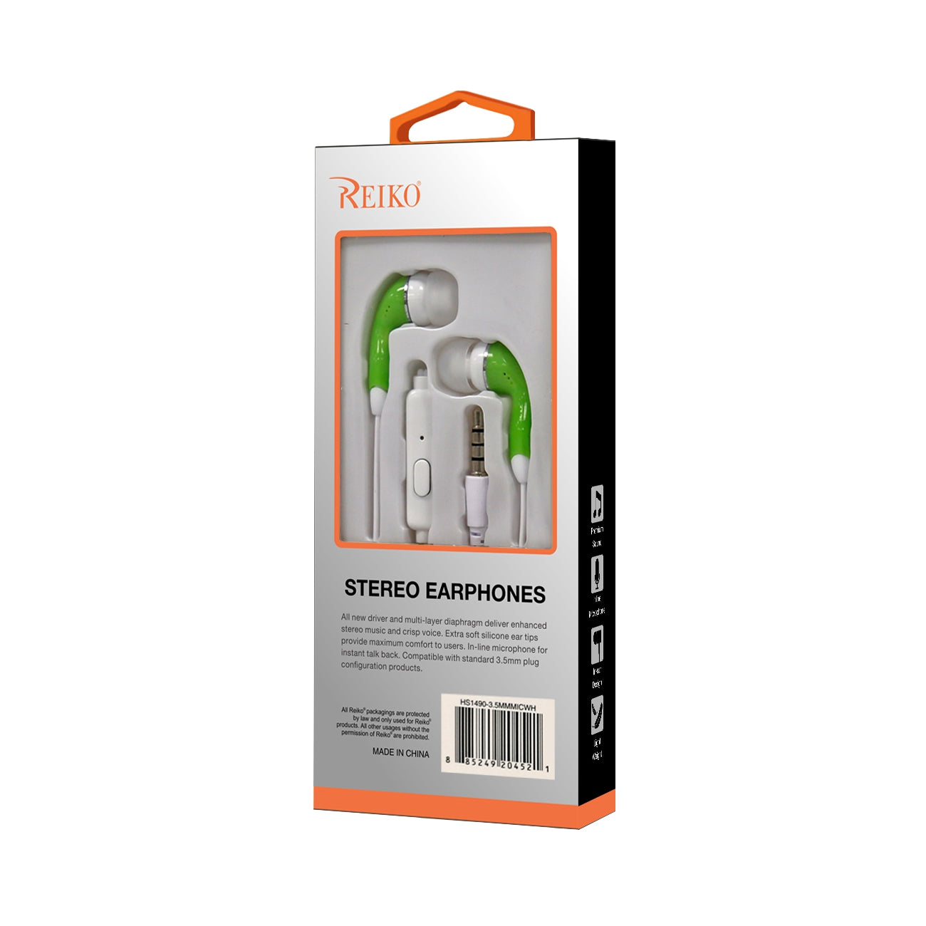 HS1480-35MMMICGR REIKO IN-EAR HEADPHONES WITH MIC IN GREEN SKU:HS1480-35MMMICGR