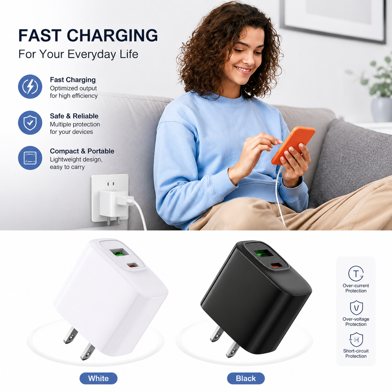 Fast charging18W 30W US power delivery Travel Charger with Type- C and USB A Ports In black SKU:WC-VD012BK - Image 4