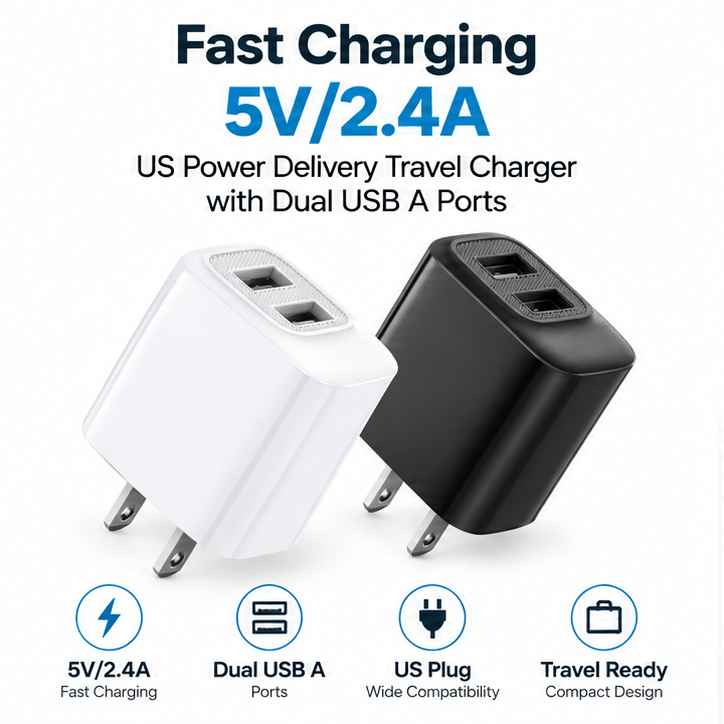 Fast charging 5V/2.4A US power delivery Travel Charger with Dual USB A Ports | SKU: M2RVD-TC012-8PWH02 - Image 2