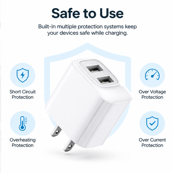 Fast charging 5V/2.4A US power delivery Travel Charger with Dual USB A Ports | SKU: M2RVD-TC012-8PWH02 - Image 3