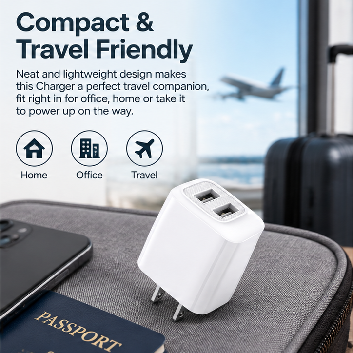Fast charging 5V/2.4A US power delivery Travel Charger with Dual USB A Ports | SKU: M2RVD-TC012-8PWH02 - Image 4