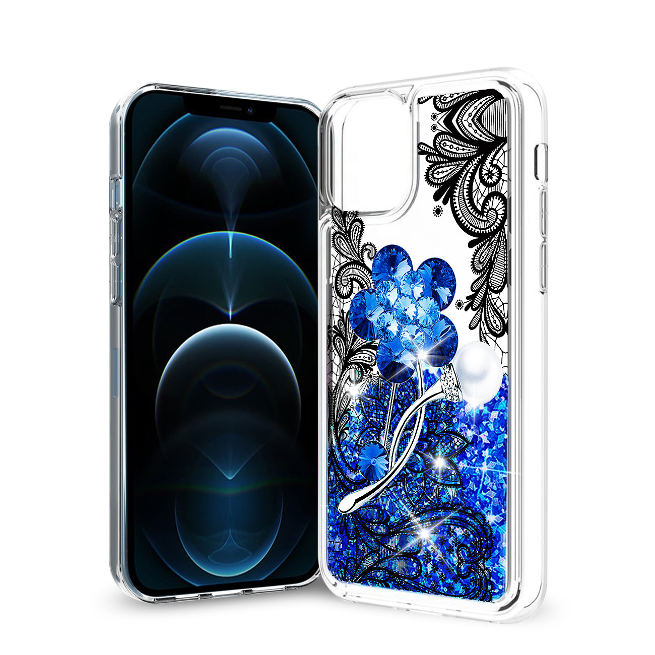 Reiko iPhone 12 / 12 Pro Glitter Case Moving Quicksand Navy Floral