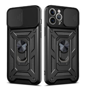 Kickstand Ring Holder with Slide Camera Cover TPU Shockproof Case and Magnetic Car Mount for APPLE IPHONE 12 PRO MAX In Black