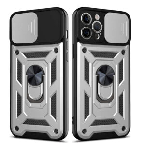 Kickstand Ring Holder with Slide Camera Cover TPU Shockproof Case and Magnetic Car Mount for APPLE IPHONE 12 PRO MAX In Silver