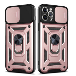 Kickstand Ring Holder with Slide Camera Cover TPU Shockproof Case and Magnetic Car Mount for APPLE IPHONE 12/IPHONE 12 PRO In Rose Gold