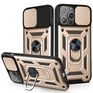 Kickstand Ring Holder & Slide Camera Cover Magnetic Car Mount for APPLE IPHONE 13 PRO MAX In Gold
