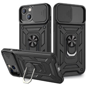 Kickstand Ring Holder & Slide Camera Cover Magnetic Car Mount for APPLE IPHONE 13 MINI In Black