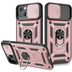 Kickstand Ring Holder & Slide Camera Cover Magnetic Car Mount for APPLE IPHONE 13 MINI In Rose gold