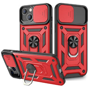 Kickstand Ring Holder with Slide Camera Cover TPU Magnetic Car Mount for APPLE IPHONE 13 In Red