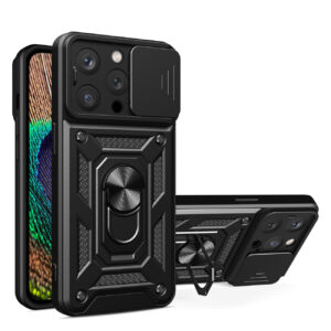 Kickstand Ring Holder with Slide Camera Cover TPU Magnetic Car Mount for APPLE IPHONE 14 PRO In Black