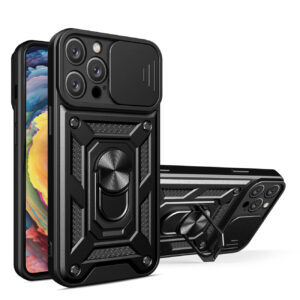 Kickstand Ring Holder with Slide Camera Cover TPU Magnetic Car Mount for APPLE IPHONE 14 PRO MAX In Black