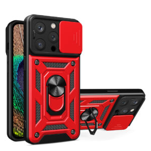 Kickstand Ring Holder with Slide Camera Cover TPU Magnetic Car Mount for APPLE IPHONE 14 PRO In Red