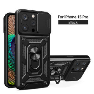 Kickstand Ring Holder with Slide Camera Cover TPU Magnetic Car Mount for APPLE IPHONE 15 PRO In Black