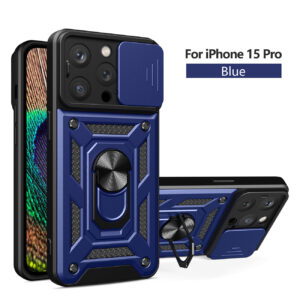 Kickstand Ring Holder with Slide Camera Cover TPU Magnetic Car Mount for APPLE IPHONE 15 PRO In Blue