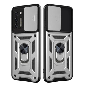 Kickstand Ring Holder with Slide Camera Cover TPU Shockproof Case and Magnetic Car Mount for MOTOROLA G STYLUS In Silver
