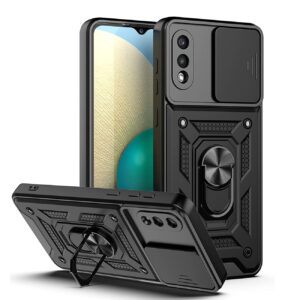 Kickstand Ring Holder with Slide Camera Cover TPU Shockproof Case and Magnetic Car Mount for SAMSUNG GALAXY A02/M02 In Black