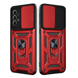 Kickstand Ring Holder with Slide Camera Cover TPU Shockproof Case and Magnetic Car Mount for SAMSUNG GALAXY A72 5G In Red