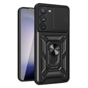 Kickstand Ring Holder with Slide Camera Cover TPU Magnetic Car Mount for GALAXY S23 PLUS In Black