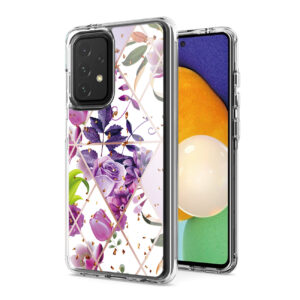 Flower Design Pattern Printing Dual Layer Hybrid Hard Plastic and Soft TPU Rubber Case Cover for SAMSUNG GALAXY A52 5G In Purple Base Flower