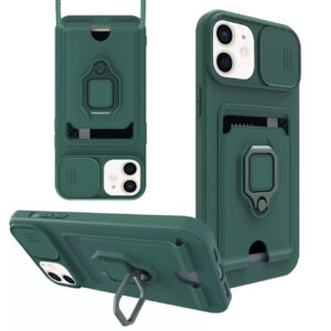 High Quality iPhone 12 Case with Camera cover, Kickstand, Slide lens protection, Magnetic ring stand, Crossbody strap and Card holder In Green