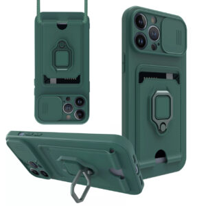 High Quality iPhone 12 Pro Case with Camera cover, Kickstand, Slide lens protection, Magnetic ring stand, Crossbody strap and Card holder In Green