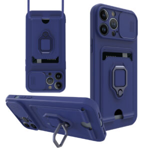 High Quality iPhone 12 Pro Case with Camera cover, Kickstand, Slide lens protection, Magnetic ring stand, Crossbody strap and Card holder In Navy