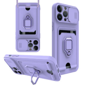 High Quality iPhone 12 Pro Case with Camera cover, Kickstand, Slide lens protection, Magnetic ring stand, Crossbody strap and Card holder In Purple