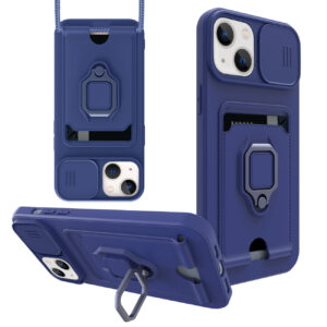 High Quality iPhone 13 Case with Camera cover, Kickstand, Slide lens protection, Magnetic ring stand, Crossbody strap and Card holder In Navy