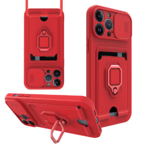 High Quality iPhone 13 Pro Case with Camera cover, Kickstand, Slide lens protection, Magnetic ring stand, Crossbody strap and Card holder In Red