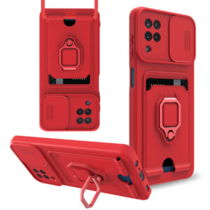 High Quality Samsung 12 5G Case with Camera cover, Kickstand, Slide lens protection, Magnetic ring stand, Crossbody strap and Card holder In Red