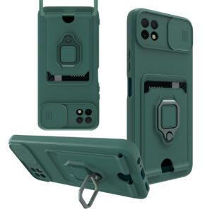 High Quality Samsung 22 5G Case with Camera cover, Kickstand, Slide lens protection, Magnetic ring stand, Crossbody strap and Card holder In Green