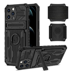 High Elastic Plastic iPhone 12 Max Case with Kickstand, Sports Mobile Wristband and Card Slot In Black