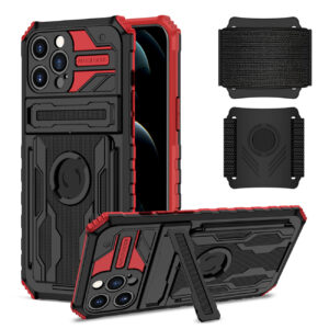 High Elastic Plastic iPhone 12 Pro Case with Kickstand, Sports Mobile Wristband and Card Slot In Red