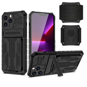 High Elastic Plastic iPhone 13 Max Case with Kickstand, Sports Mobile Wristband and Card Slot In Black