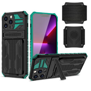 High Elastic Plastic iPhone 13 Pro Case with Kickstand, Sports Mobile Wristband and Card Slot In Green