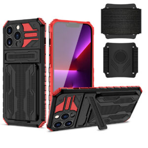High Elastic Plastic iPhone 13 Pro Case with Kickstand, Sports Mobile Wristband and Card Slot In Red