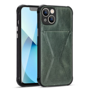 TPU Leather Phone Case for Apple iPhone 13 with Card Holder Strap In Green