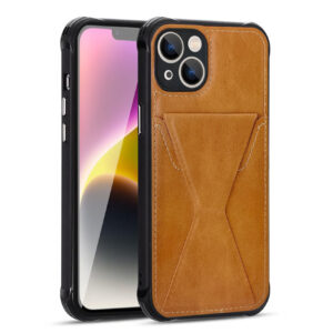 TPU Leather Phone Case for Apple iPhone 14 with Card Holder Strap In Brown