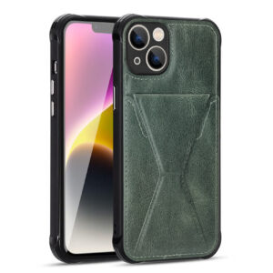 TPU Leather Phone Case for Apple iPhone 14 Plus with Card Holder Strap In Green