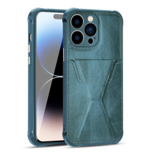 TPU Leather Phone Case for Apple iPhone 14 PRO with Card Holder Strap In Navy