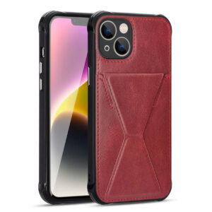 TPU Leather Phone Case for Apple iPhone 14 with Card Holder Strap In Red