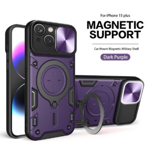 TPU PC Shockproof Magnetic Phone Case with Free Adjustment Ring Holder for IPHONE 15 Plus in Purple