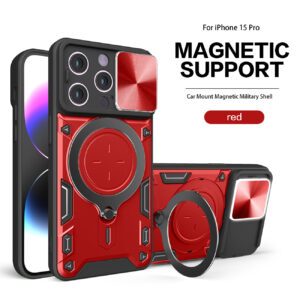 TPU PC Shockproof Magnetic Phone Case with Free Adjustment Ring Holder for IPHONE 15 PRO in Red
