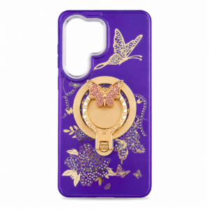 Glitter Sparkle Butterflies Ring Stand Bling Diamond Kickstand Shockproof Protective Cover in Purple, compatible for