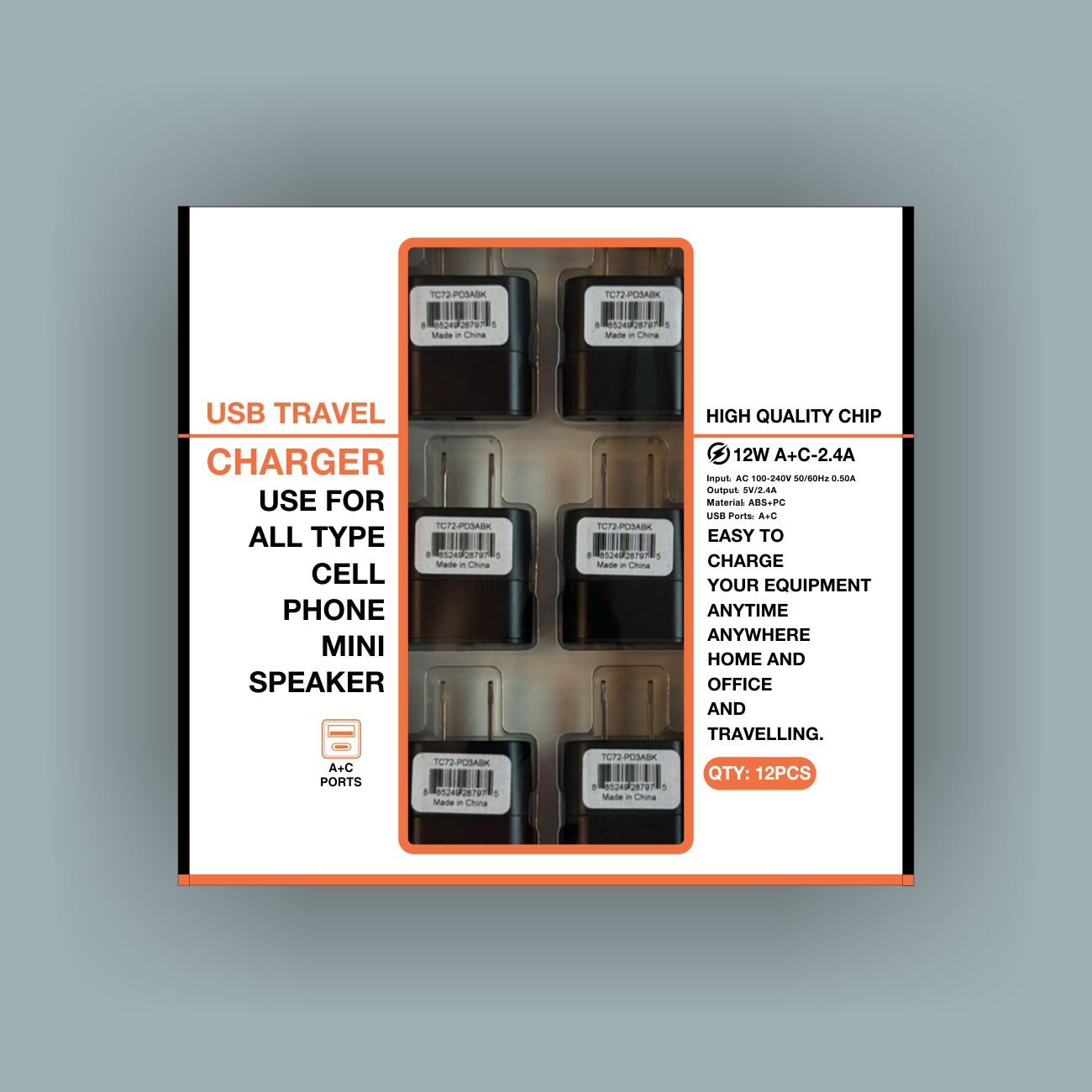 Power Delivery Dual Ports of USB and Type-C Wall Charger/ Power Adapter/ Charging Block In Black (12pcs) SKU:TC72-PD3ABK - Image 4