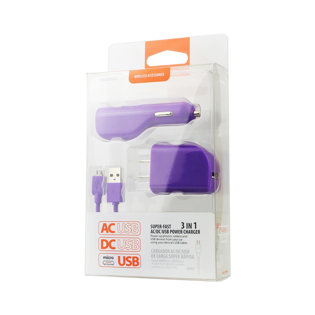 REIKO MICRO 1 AMP 3-IN-1 CAR CHARGER WALL ADAPTER WITH USB CABLE IN PURPLE - Image 4