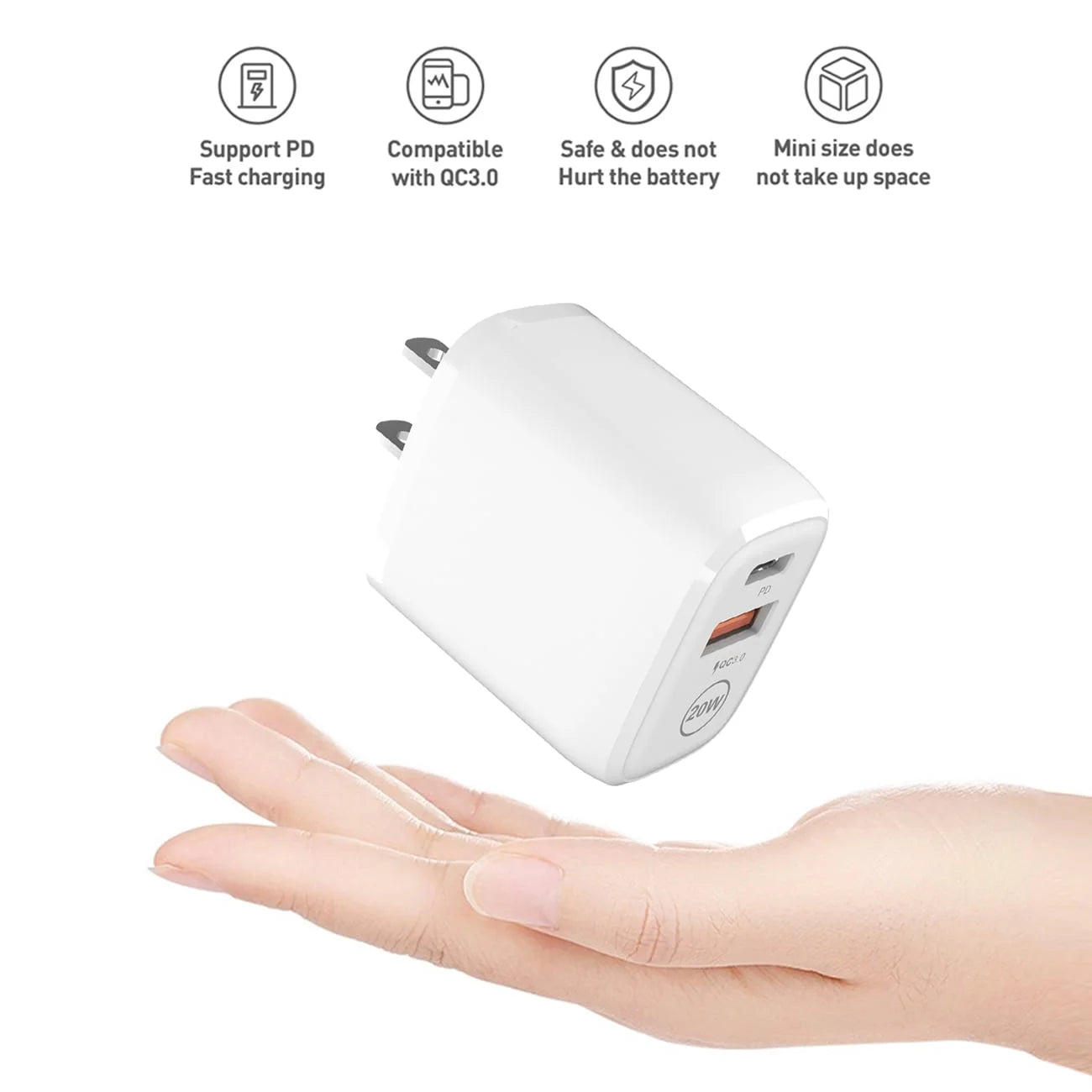 20W PD Dual Ports Travel Wall Charger Adapter Fast Charging with 4FT USB-C To 8-PIN Cable WC2IN1-PD8PWH - Image 2
